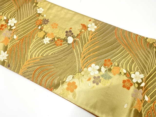 JAPANESE KIMONO / FUKURO OBI / SILK / WOVEN ROUGH WAVE & SAKURA & MAPLE & TACHIBANA